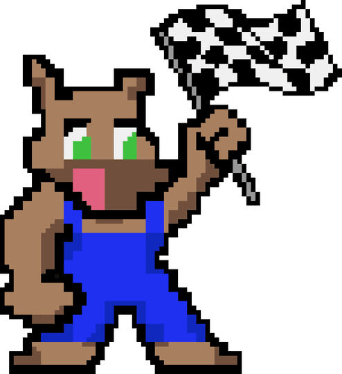 Racebud's mascot, a bear in blue overalls waving a chequered flag